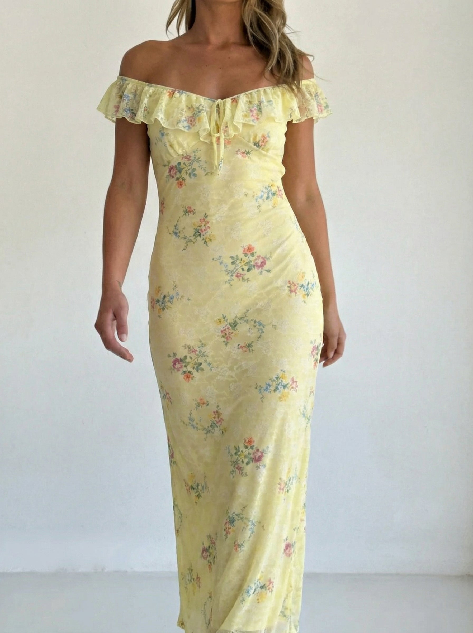CIDER Ruffle Neck Floral Maxi Dress