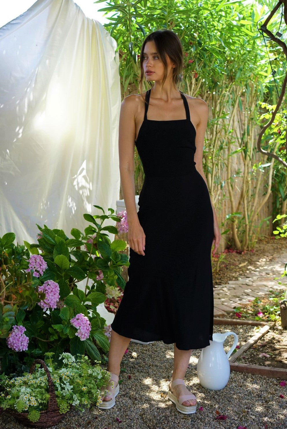 THIRD FORM BOUQUET LACE BACK SLIP DRESS IN BLACK