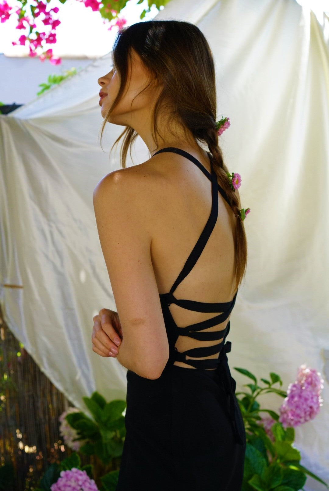 THIRD FORM BOUQUET LACE BACK SLIP DRESS IN BLACK