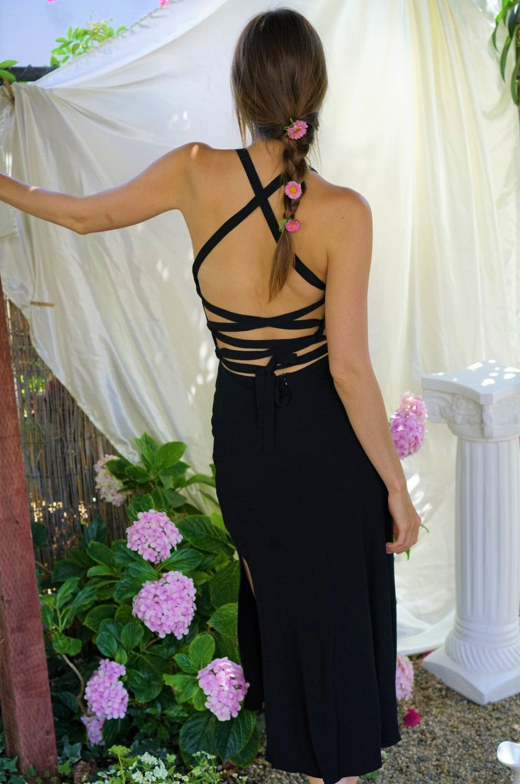 THIRD FORM BOUQUET LACE BACK SLIP DRESS IN BLACK