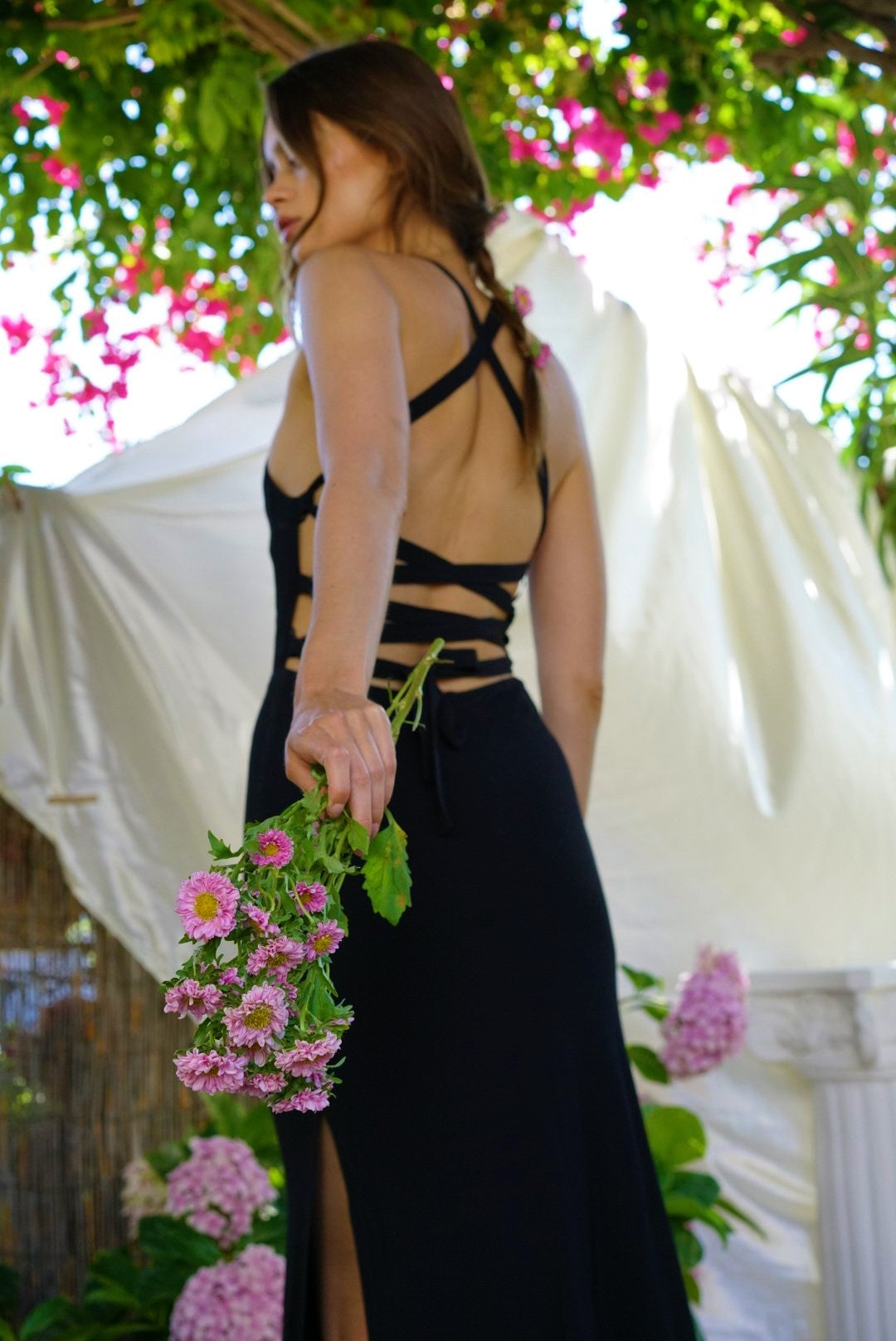 THIRD FORM BOUQUET LACE BACK SLIP DRESS IN BLACK
