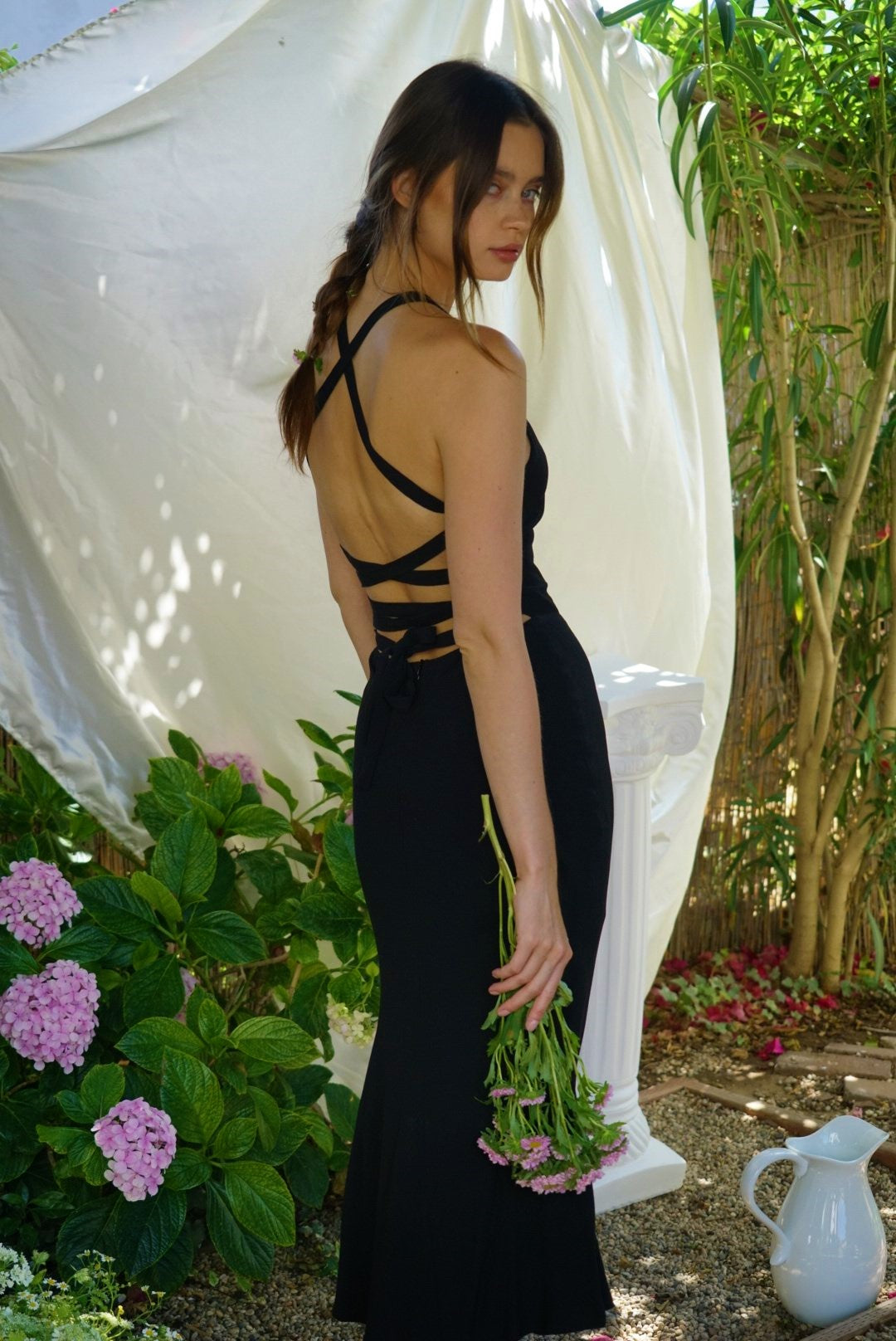 THIRD FORM BOUQUET LACE BACK SLIP DRESS IN BLACK