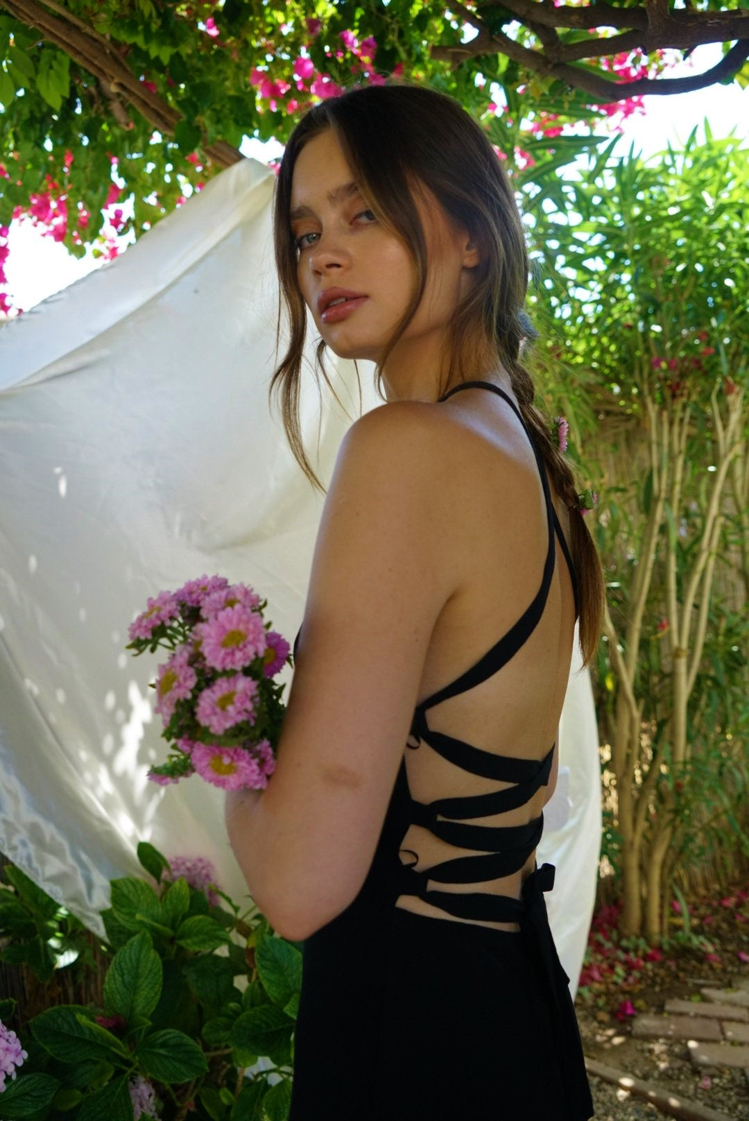 THIRD FORM BOUQUET LACE BACK SLIP DRESS IN BLACK