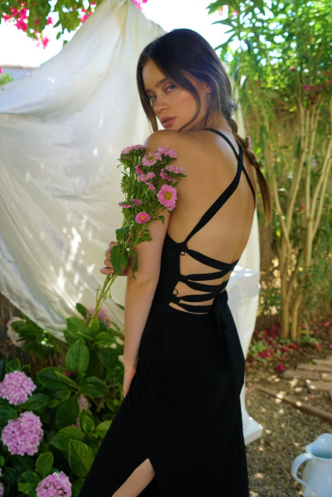 THIRD FORM BOUQUET LACE BACK SLIP DRESS IN BLACK
