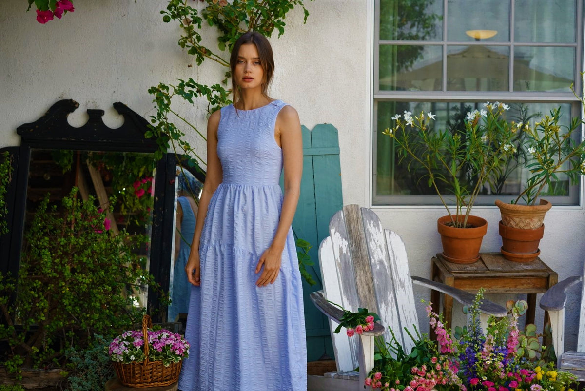 GEORGIA TIE BACK SLEEVELSS MIDI DRESS in Blue