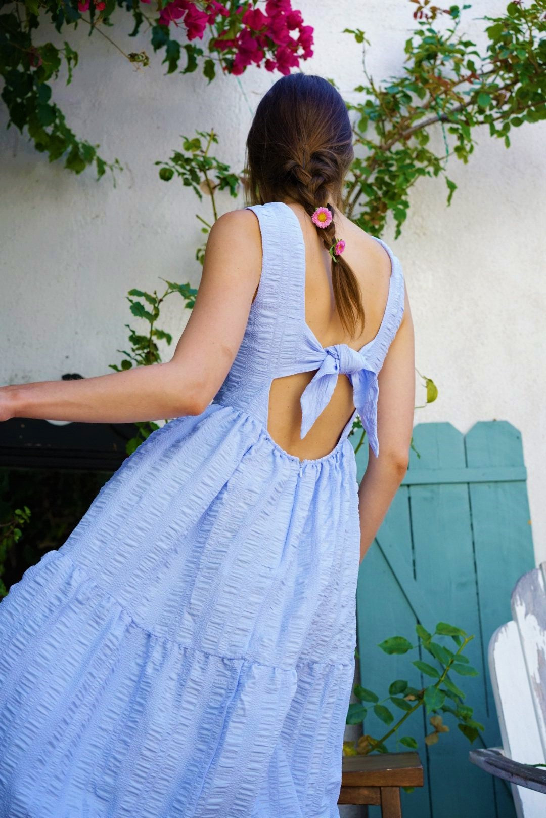 GEORGIA TIE BACK SLEEVELSS MIDI DRESS in Blue