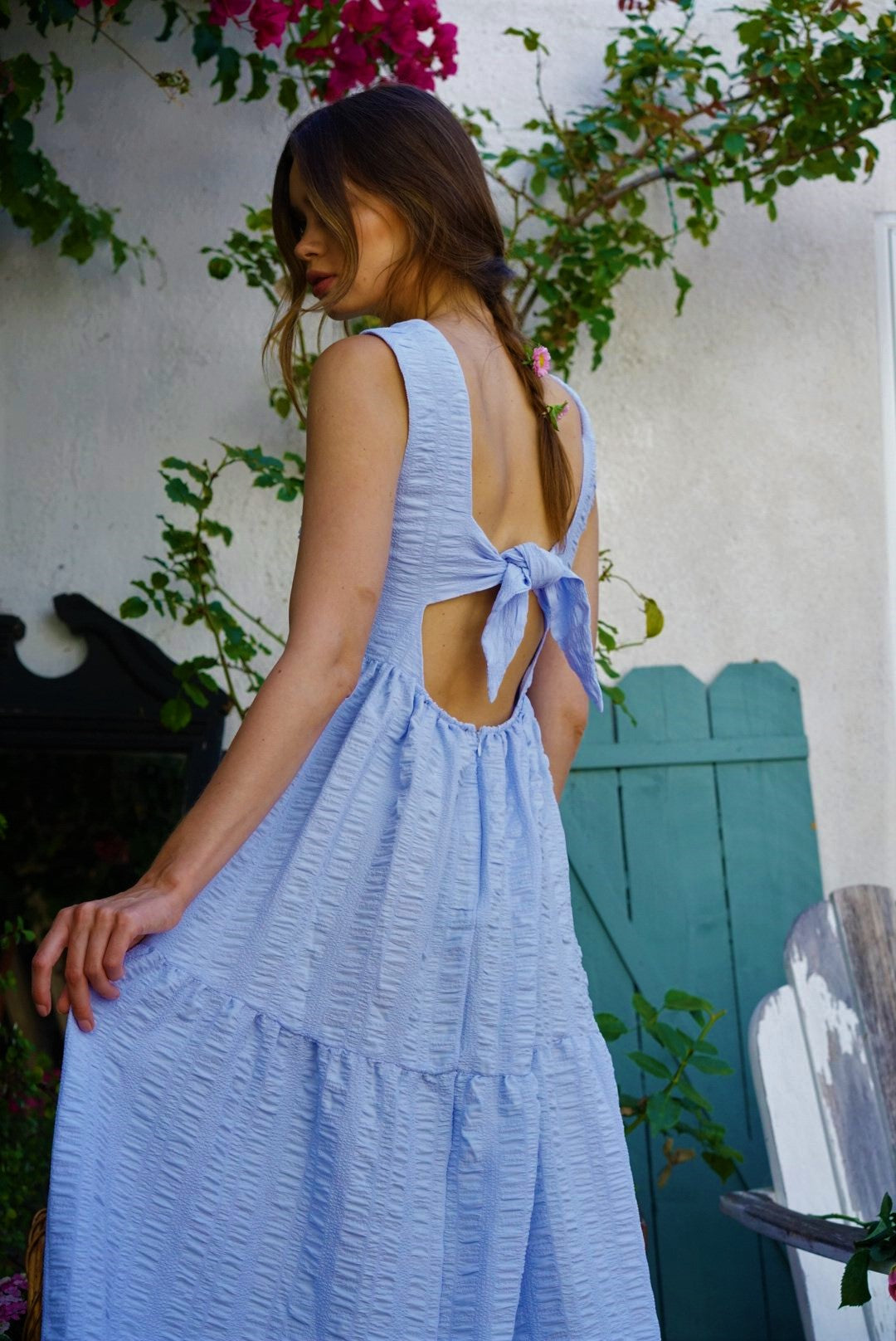 GEORGIA TIE BACK SLEEVELSS MIDI DRESS in Blue